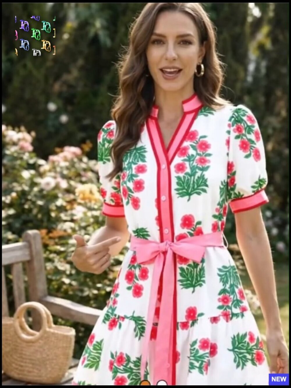 Floral Mini Dress Puff Sleeve V Neck Button Down Boho Casual Loose Fit - Picture 7 of 7